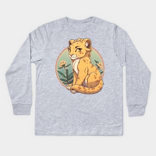 Beautiful lioness in a circle with flowers Kids Long Sleeve T-Shirt
